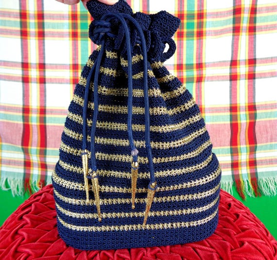 Vintage Retro Navy Blue Cord Wristlet Box Purse Handbag Clutch 1930s 1940s Gold Stripe Tie Wedding Party Formal Evening Gift Accessorize