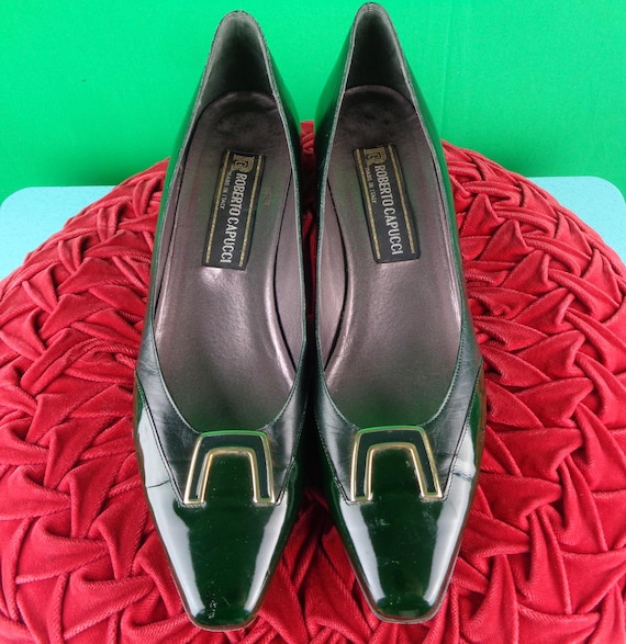 Vintage Retro Roberto Capucci Shoes Slip On Slides Flats 1980s 90s Designer Green Patent Leather 9 Wedding Party Evening Formal Casual Gift