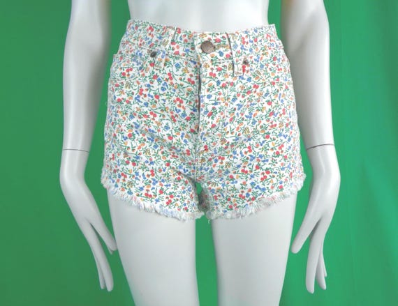 Y2K Clothing Apparel XS 24 Guess Denim Jean Booty Short Hot Pants Button Fly Garden Floral White Red Blue Green Yellow Cotton Casual Gift