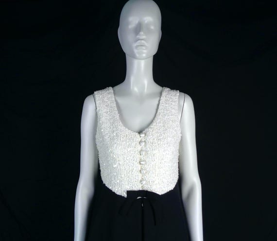 Vintage Sequins Chiffon Knit Dress 1990s Black White Iridescent Evening Party Gown 10 Jolibel