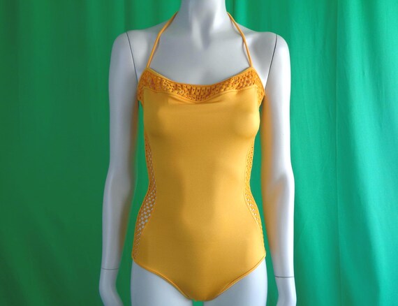 Vintage Retro Clothing Apparel One Piece Bathing Bodysuit Swimwear 1970s 80s Yellow Coastal Suff Gym Athletic Fitness Workout Aerobics Gift