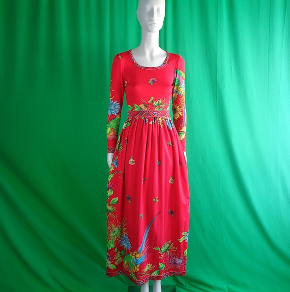 Vintage Retro Clothing Maurice Pucci Animal Print Maxi Dress 1960s 1970s Peacock Bird Jersey Small Wedding Party Formal Evening Casual Gift