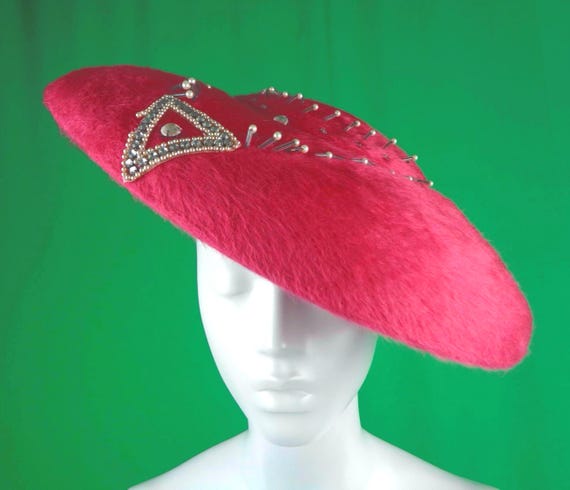 Vintage Retro LG Lazarus Model Paris Pink Mohair Brim Hat 1940s 1950s Mid Century Designer Wedding Party Formal Evening Gift Accessorize