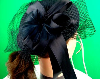 Vintage Retro Bollman Black Millinery Veil Hat Capulet 1960s 70s Mid Century Feather Bird Cage Wedding Party Formal Evening Gift Accessorize