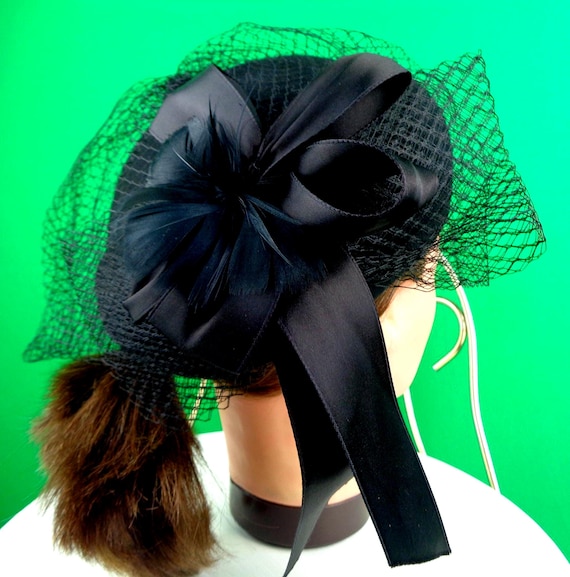 Vintage Retro Bollman Black Millinery Veil Hat Capulet 1960s 70s Mid Century Feather Bird Cage Wedding Party Formal Evening Gift Accessorize