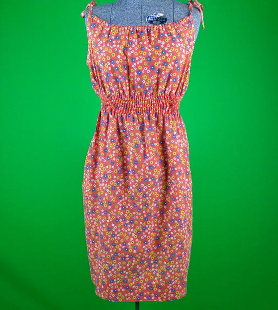 1970s Floral Cotton Sun Dress: Handmade Boho Hippie Style Vintage Red Floral Apparel Gift