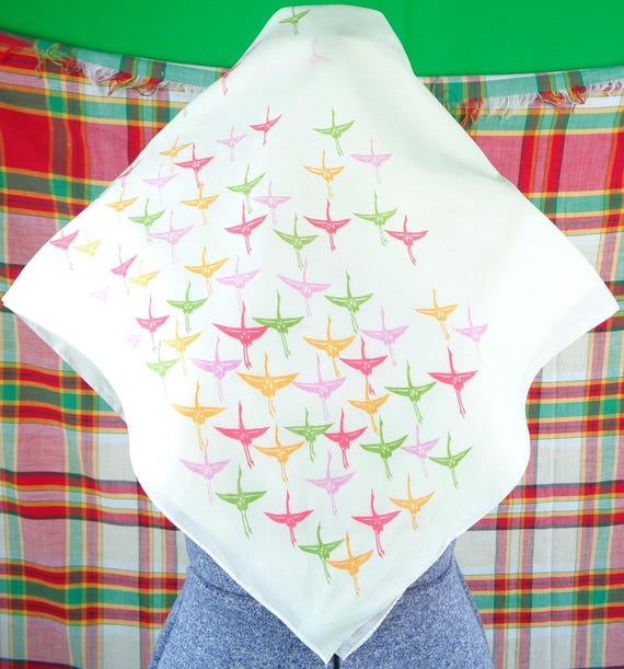 Vintage 1960s Crane Bird Nylon Scarf: Mid Century Shawl Cream Coral Yellow Green Purple