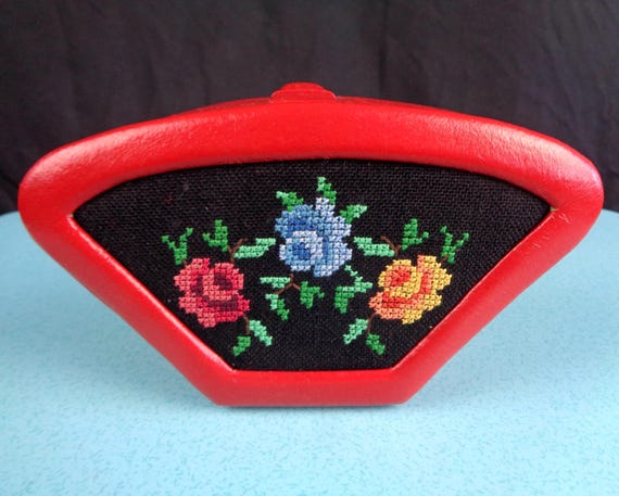 Vintage Petit Point Roses Storage Box: 1950s Leatherlette Container Mid Century Decorative Decor Gift