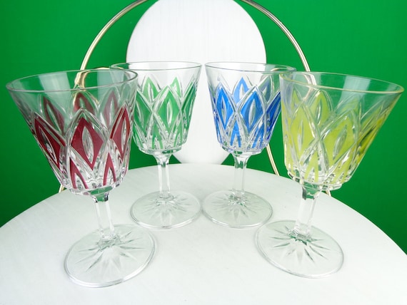 Vintage Retro VMC Reims Brigitte Paint OVP France Drink Cut Glasses Barware 50s 60s Mid Century MCM Diamond Harlequin Set 4 House Party Gift