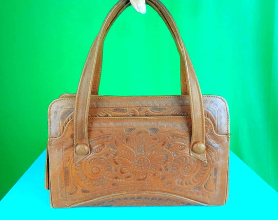 Vintage Tooled Handbag: 1950s-60s Leather Purse Mid Century Top Handle Flores Western Gift Accessory