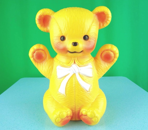 Vintage 1960s Regal Toy Teddy Bear Coin Bank, Yellow Collectible Keepsake Memento Orange Gift