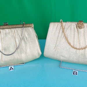 Bolsos de mano vintage retro dorados, carteras de mano, carteras de mano con asa superior, años 50 y 60, de mediados de siglo, de lamé metálico, accesorio formal informal para bodas, fiestas y noches, regalo