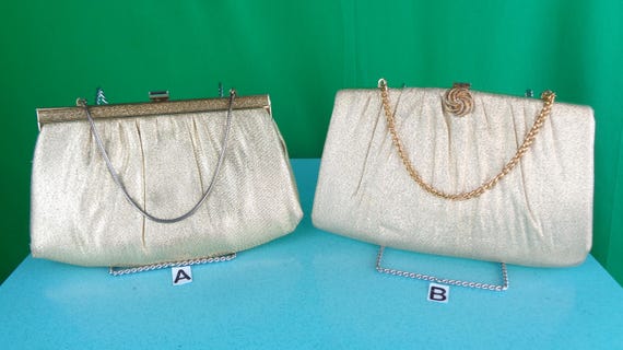Vintage Retro Gold Purses Handbags Clutches Top Handle 50s 60s Mid Century Metallic Lame Wedding Party Evening Formal Casual Accessorie Gift