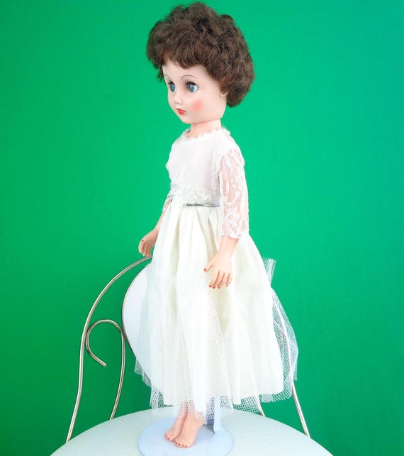 Vintage Brunette Blink Eye Doll: 1950-60s Mid-Century Collectible Bride Slip Dress Gift With Stand