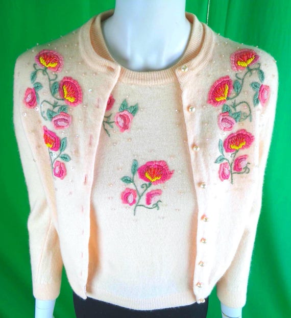 Vintage Angora Wool Sweater Set: 1970s Pink Floral Embroidered Button up Cardigan Pullover Gift