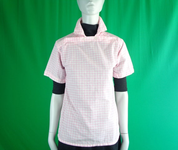 Vintage Retro Clothing Apparel Eatons Pullover Bib Top Shirt Blouse 50s 60s Mid Century Check Powder Pink White XL Party Formal Casual Gift