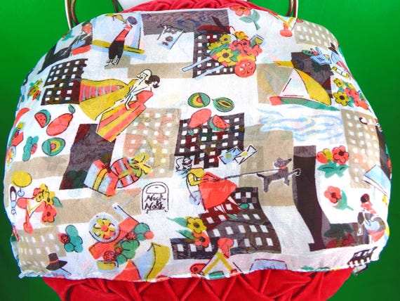 Vintage Paris Market Scarf, Emanuel Geraldo Design Novelty Tie Wrap Poodle Umbrella Gift Accessory