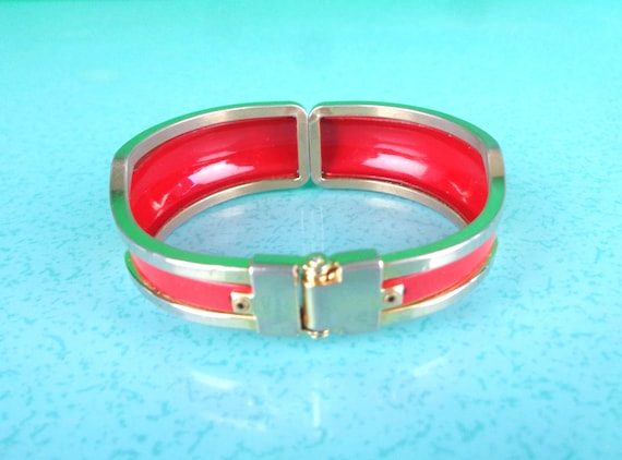 Vintage Red Enamel Cuff Bracelet: Mid-Century Modern Gold-Tone Bangle Retro Jewelry MCM 50s-60s Gift
