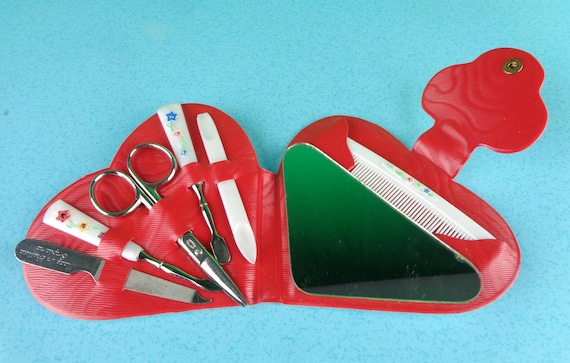 Vintage Retro Manicure Groom Spa Set Personal Care Kit Tools Bath Beauty 1950s 1960s Mid Century Mirror Comb Scissor Nail File Party Gift