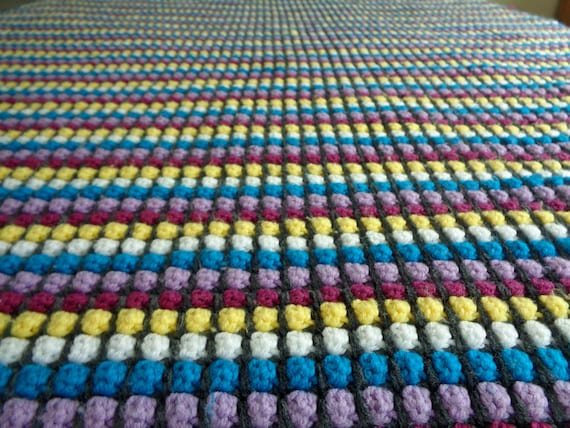 Vintage Retro Handmade Knit Crochet Afghan: Granny Throw Blanket Cover Quilt Bed Spread Comforter