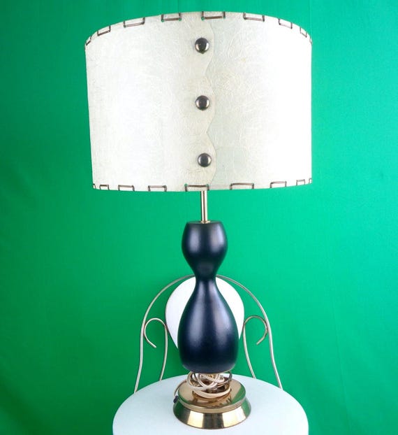 Vintage Tabletop Lamp: 1950s-60s Night Light Fibre Glass Damask Shade Mid Century Accent Decor Gift