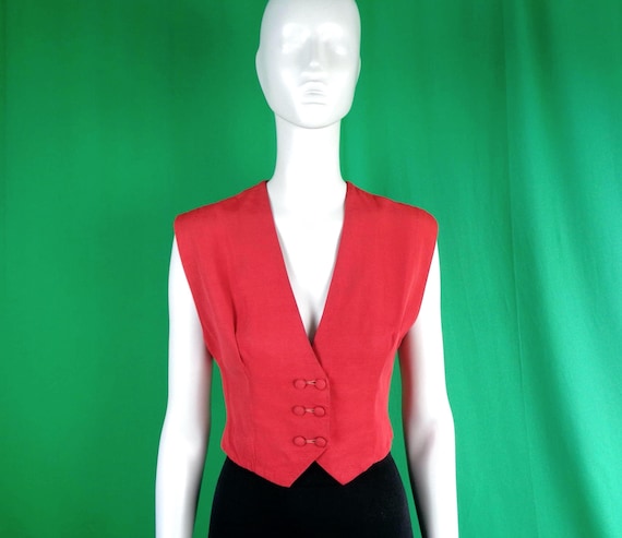 Vintage Handmade Red Vest Top: 1940s-50s, Size Small Mid Century Button-Up Blouse Shirt Clothing