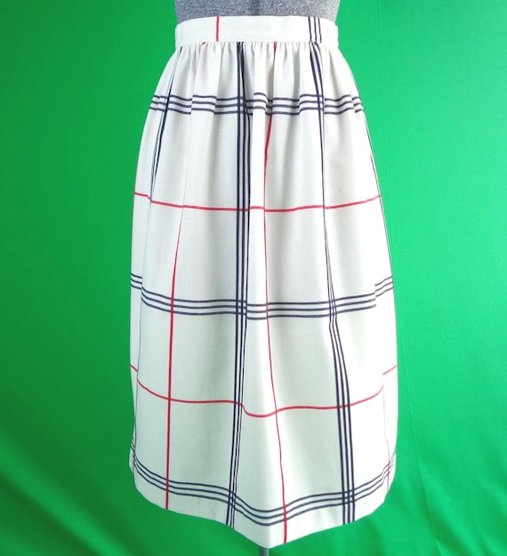 Vintage Retro Clothing Apparel Pencil A Line Skirt 1970s 1980s Chorus S White Blue Red Pleat Square Check Wedding Party Formal Evening Gift
