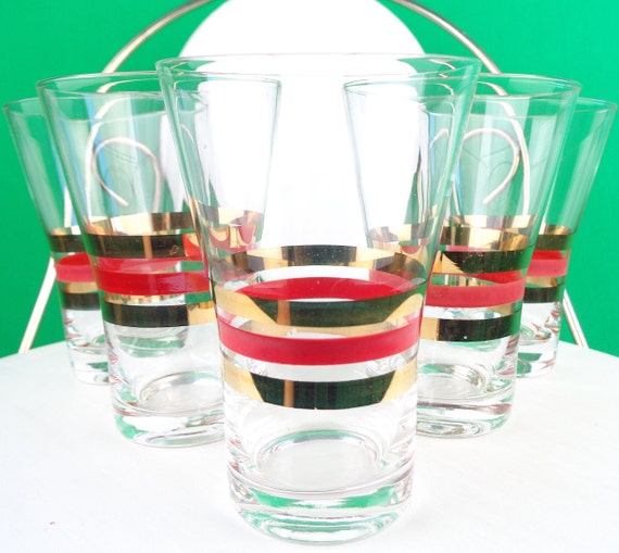 Mid Century Modern Highball Glasses: Gold & Red Stripe Barware Set - Vintage MCM 50s 60s