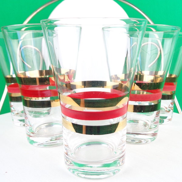 MCM Drink Tumbler Highball Glasses Clear Gold Red Ring Stripe 1950s 60s Vintage Mid Century Retro Barware Kitchen Dine Serve Home Live Decor