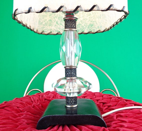 Vintage Mid Century Table Lamp: Diamond Cut Glass, Fibre Glass Shade 1940s-50s Night Light