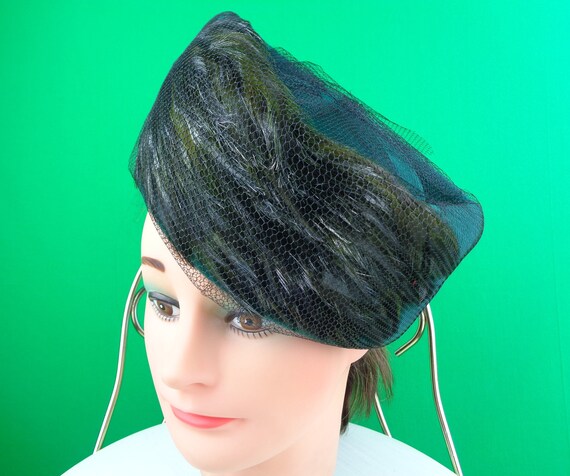 Vintage Retro Accessorie Pillbox Hat Green Black … - image 1