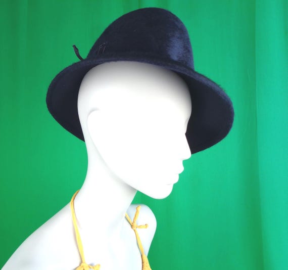 Vintage Retro Mod Bucket Panama Mohair Hat Navy Blue Fur Hat 1950s 1960s Mid Century Georgette Wedding Party Evening Formal Gift Accessorize