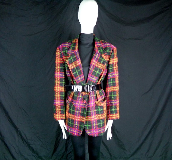 Vintage Plaid Suit Tweed Jacket 1980s 90s Della Spiga Blazer Red Purple Yellow Green