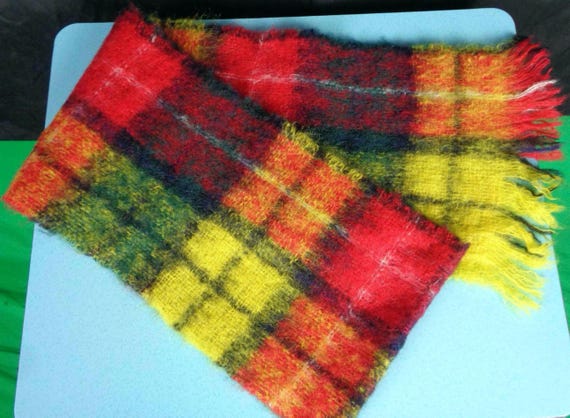 Vintage Buchanan Tartan Mohair Scarf: 1960s Plaid Wrap Fringe Red, Green, Blue, Yellow Gift