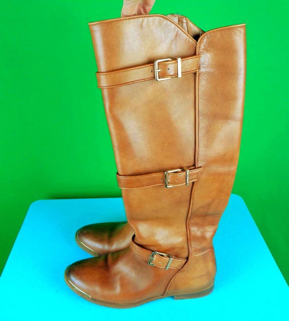 Gianni Bini Camel Brown Leather Knee High Boots, Buckle Zip Detail Flats (Size 7M)