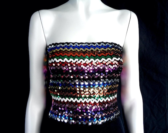 Vintage Beaded Tub Top: 1970s Rainbow Chevron Sparkly Sequins Crop Blouse Nu Mode Toronto