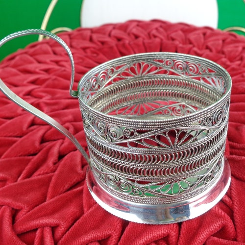 1940s 50 WW2 Vintage Mid Century shops Soviet Demitasse Silver Plate Filigree Tea Cup Glass Holder Home Living Kitchen Dining Decor Drink Barware