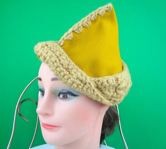 Vintage Yellow Wool Beanie Hat, 1950s Handmade Mini Cap Mid Century Lederhosen Alpine Pixie