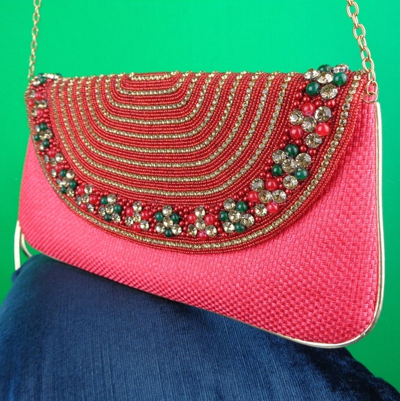 Vintage Retro Accessorie Straw Crossbody Shoulder Purse Handbag Clutch Formal Evenin Red Yellow Gold Green Rhinestone Bead Chain Handle Gift