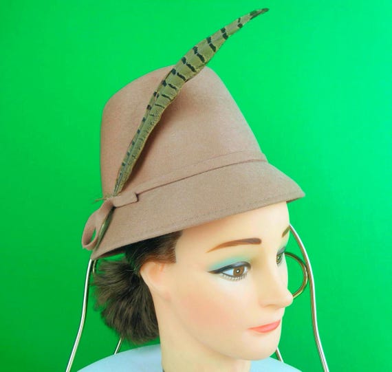 Vintage Retro 22" Bucket Feather Top Capulet Hat 1950s 1960s Mid Century Blush Pail Pink Pheasant Wedding Party Formal Evening Prom Gift