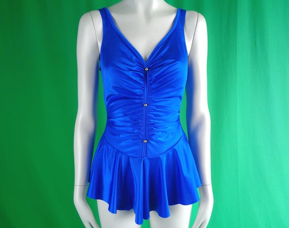 Vintage Retro Cobalt Blue One Piece Bathing Body Swimsuit Wear Jumper Skirt Gymnastics Skater Costume 70s 80s 12 M Coastal Beach Party Gift
