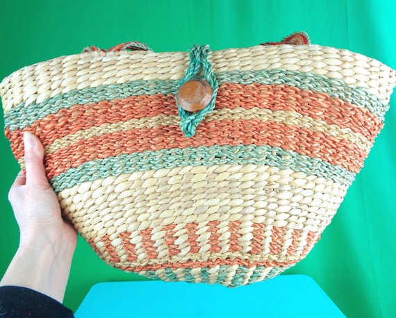 Vintage Retro Large Straw Sisal Market Tote Bag Satchel Shoulder Crossbody Hand Purse 1970s 1980s Boho Hippie Stripe Coral Orange Teal Gift