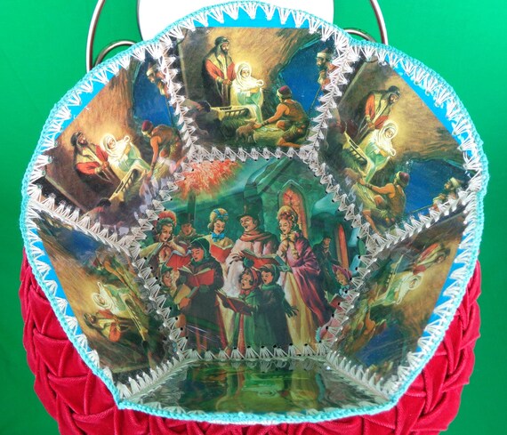 Vintage Retro Crochet Christmas Card Basket: 1950s-60s Nativity Scene Container Handmade Holiday Decor Storage