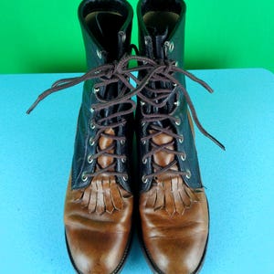 Justin Boots Kiltie Black and Brown Two-Tone Leather Lace-Up Boots Justin Vintage Two Tone Black Brown Lace up Leather Made in  main image 4