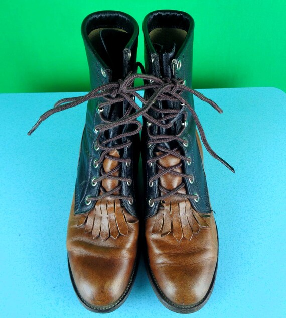 Vintage Retro Justin Kiltie Roper Western Cowboy Girl Black Brown Ankle Boots Footwear 1970s 1980s Two Tone US CAN 5C fit 7 1/2 Casual Gift