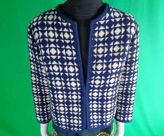 Vintage 1960s/70s Wool Jacket: Craft Cymru Abstract Navy Blue Pattern Duster - Large Blazer