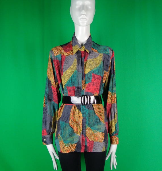Vintage Retro Clothing Button Shirt Blouse Top 70s 80s FRilli Pattern Abstract Gray Yellow Green Red Orange Black Size 38 USA 8 Casual Gift