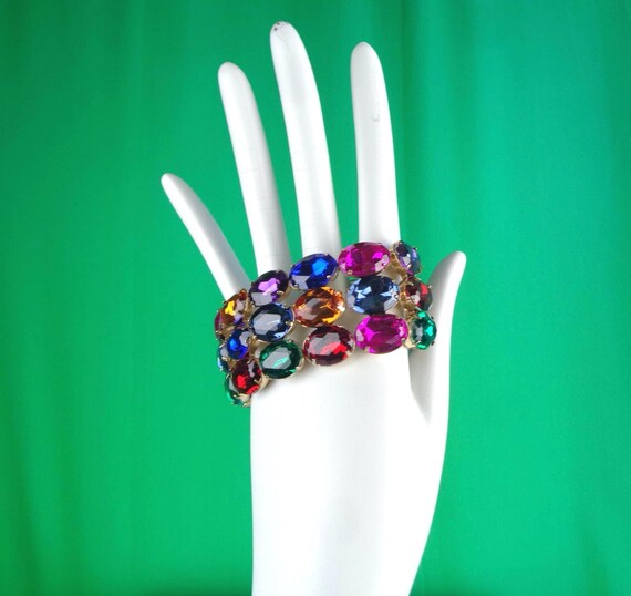 Vintage Retro Rainbow Costume Jewels Cabochons Stretch Cuff Bracelet Jewelry 1980s 90s Wedding Party Evening Formal Casual Gift Accessorize