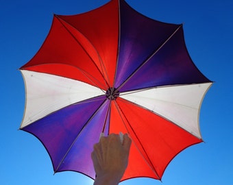 40s 50s WW2 Vintage Mid Century Umbrella Womens Mens Rain Accessorie Red Purple White Nylon Plastic Handle Silver Metal Chain Parasol Canopy