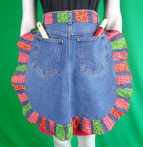 Vintage Retro Handmade Denim Jean Patchwork Pocket Apron 1970s 1980s Boho Hippie Red Green Blue Party Kitchen Dining Home House Living Gift